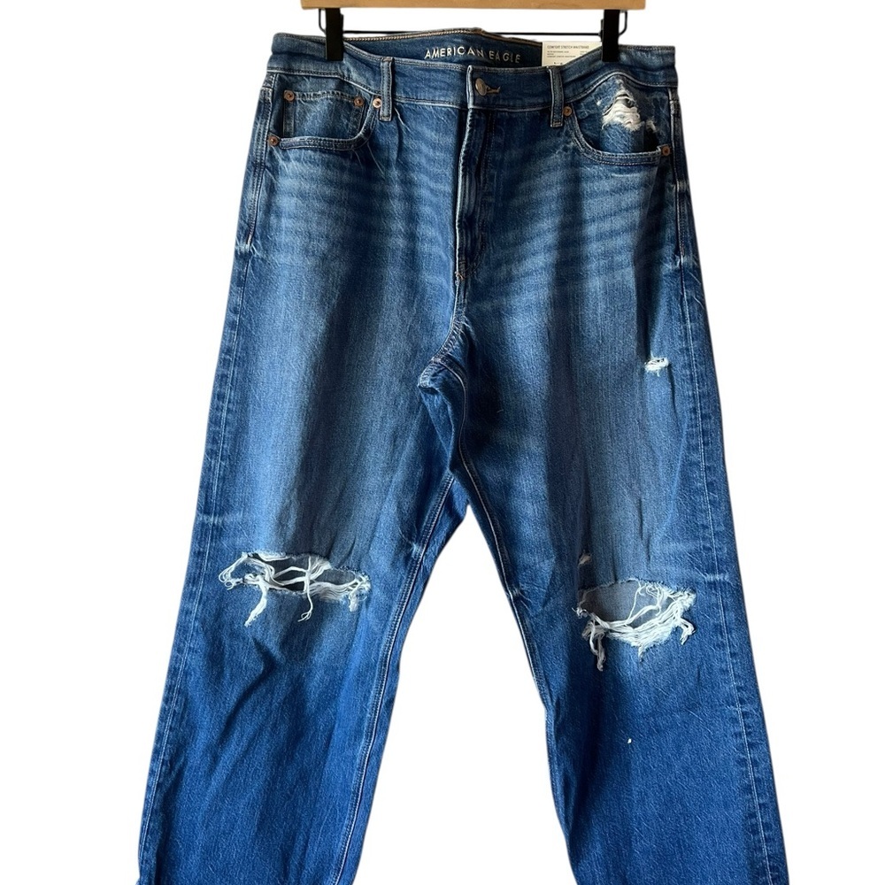 American Eagle NWT Women’s Ex-Boyfriend Jean Shadow Patched Blues Stigrid Sz 14 - Picture 1 of 8